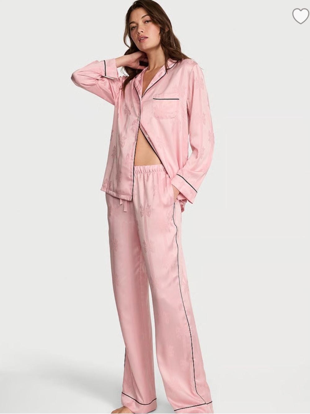 Victoria's Secret Signature Satin Bow Stripe Long Pajama Set Pink Sz M NWT $90
